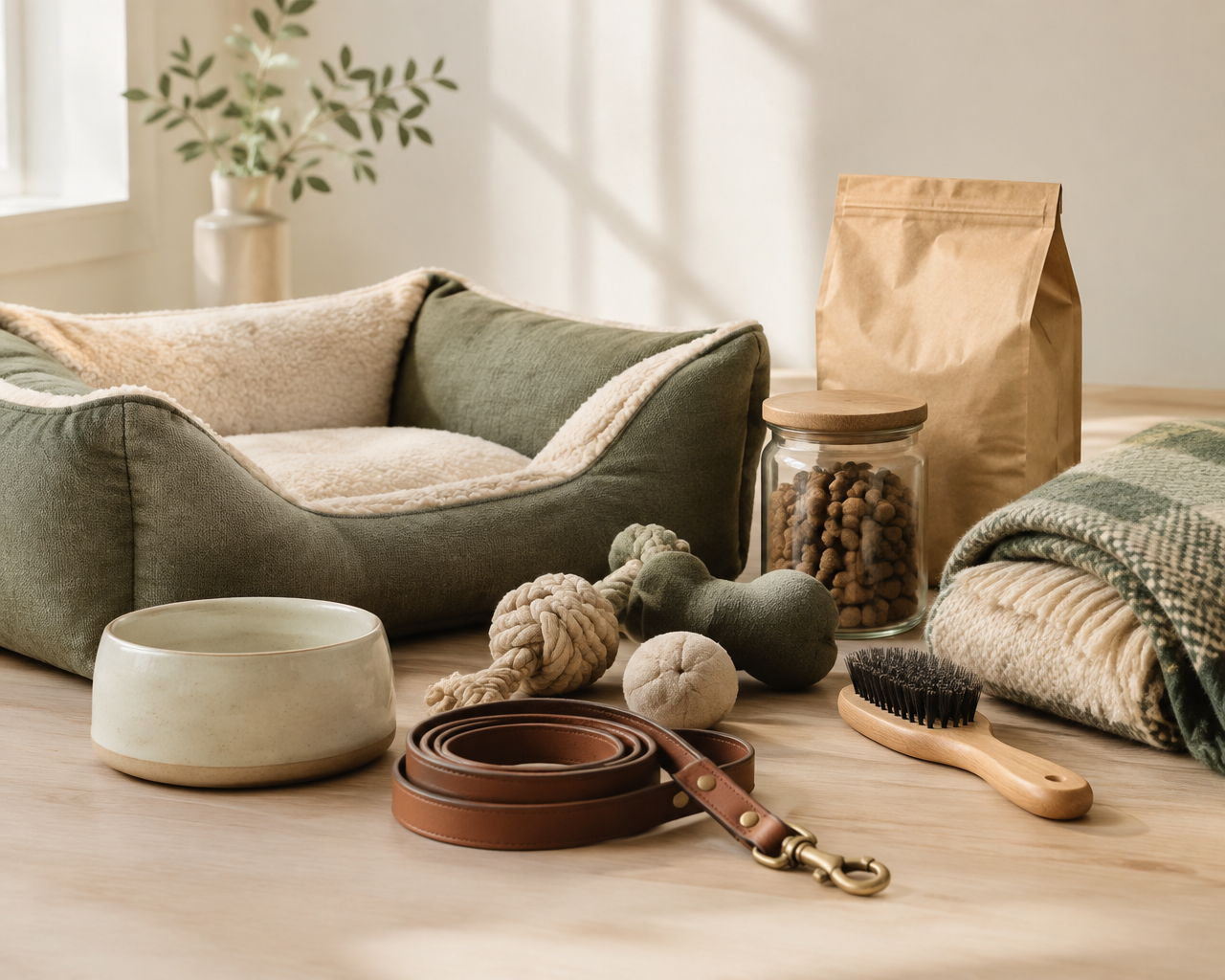 Photograph of pet essentials: a food bowl, a coiled leather leash, toys, a pet bed, a grooming brush, a treat jar, a bag of pet food and a folded blanket